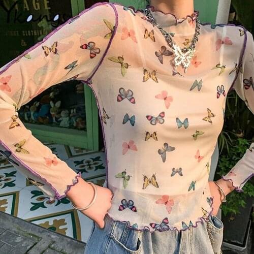 Butterfly Print Women T-Shirt See Through Transparent Mesh Tops Long Sleeve Korean Harajuku Aesthetic Ulzzang Ladies Turtleneck