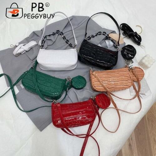 2-in-1 Vintage Alligator Pattern Women Shoulder Crossbody Bag with Clutch Purse Casual PU Leather Thick Chain Underarm Handbags