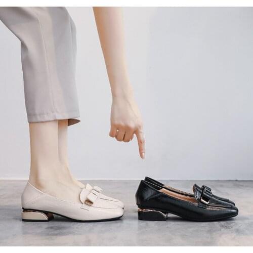 Women Vintage British Bow-tie Square Toe Bullock Shoes Zapatos De Mujer Slip on Loafers Shallow Heels Toxfords Woman Flats