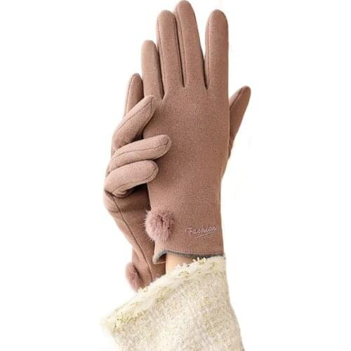 Women Winter Keep Warm Touch Screen Suede Non-Slip Wearable Outdoor Cycling Drive Thicken Plus Velvet Hairball Elasticity Gloves