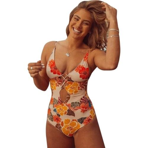 Meihuida Womens Flower Printed One-piece Swimsuit, Deep V-Neck Front Hollowed Triangle Sling Swimwear for Beach/Swimming