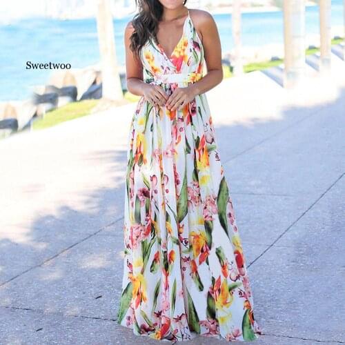 2020 Summer Women Boho Floral Printed Dress Fashion Ladies Sleeveless Party Long Maxi Dress V-neck Long