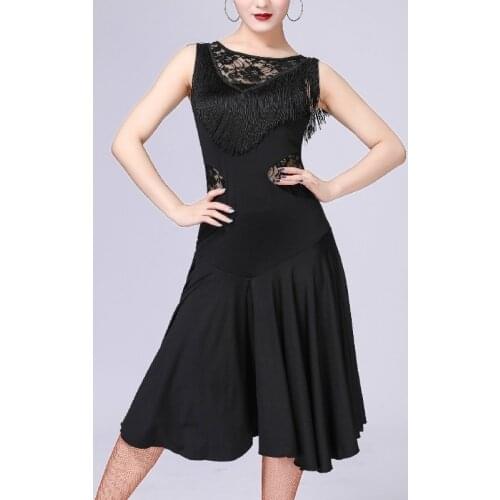 Women Latin Dance Dress Salsa Tango Ballroom Sleeveless Lace Tassel Rumba Practice 904-A987