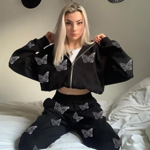 2021 Y2K Autumn Long Sleeve Hoodies Women Butterfly Diamond Zip Up Sweatshirt Winter Hood Pullovers harajuku Streetwear Zip-up