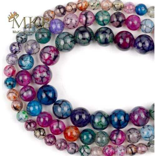 6 8 10mm Natural Stone Beads Smooth Colorful Cracked Dragon Veins Agates Round Onyx Beads For Jewelery Making Diy Bracelet 15"