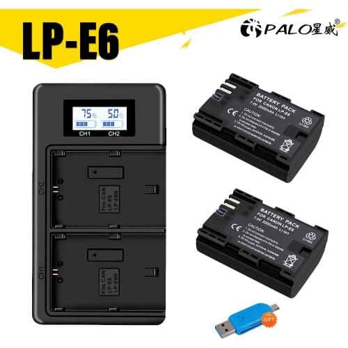 PALO LP-E6 LP-E6N LP E6 2000mAh Battery Cell+LCD USB Dual Charger For Canon EOS 6D 7D 5D Mark II III IV 60D 60Da 70D 80D 5DSR