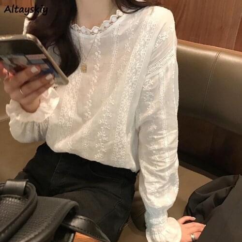 Blouses Women Lace Design Flare Sleeve Simple Spring Casual All-match Sweet Office Ladies White Stylish Korean Femme Clothing