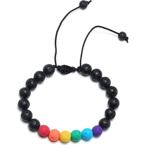 Rainbow Beaded Volcanic Stone Bracelets for Men Woman Adjustable Length Gay Lesbian Pride Wristband Jewelry