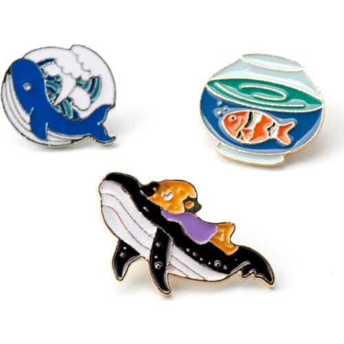 Cartoon Goldfish Ocean whale Little Girl Enamel Metal Brooches Bag Clothes badges Lapel Pins Jewelry For Kids Children Friends