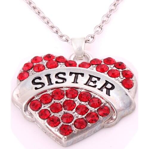 Best Selling rhodium plated zinc studded with sparkling crystals SISTER heart pendant necklace link chain