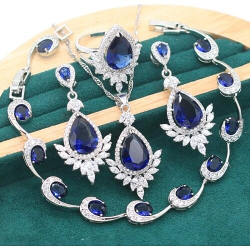 Exquisite 925 Silver Jewelry Set for Women Blue Green Topaz Bracelet Earrings Ring Wedding Necklace Christmas Free Gift Box
