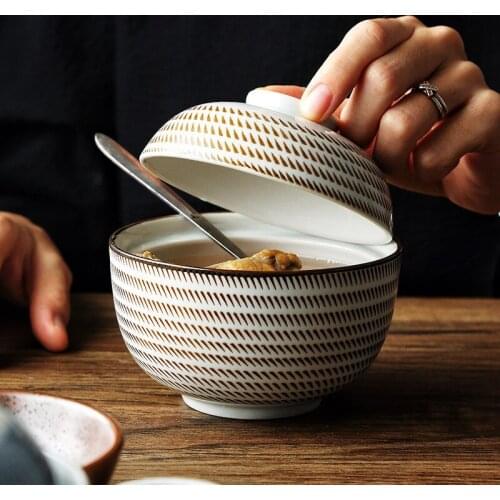 Japanese Style Ceramic Creative Heat-Resistant Large Salad Bowl Under Glazed Soup Rice Noodle Bowl With Lid Household Tableware