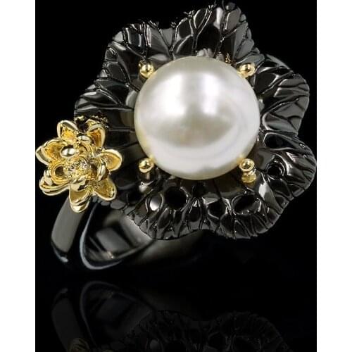 Trendy Baroque pearl ring original design noble craftsmanship flower-shaped two-color black gold ring for women jewelry gift