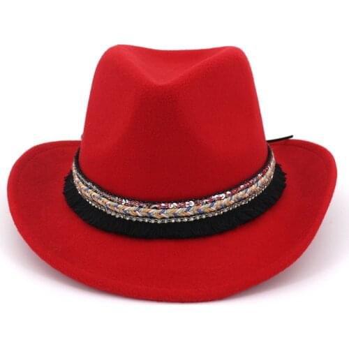 Fashion Womens Wool Hollow Western Cowboy Tassel Belt Elegant Lady Jazz Cowgirl Jazz Toca Sombrero Cap Size 56-58CM