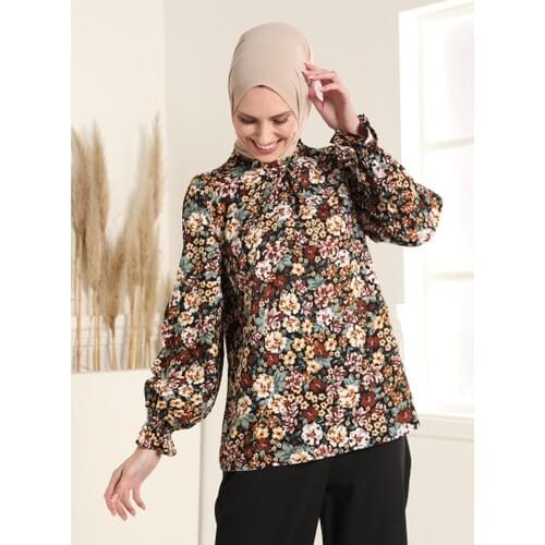 Muslim Women 'S Natural Fabric Flower Print Tunic-Green Almonds