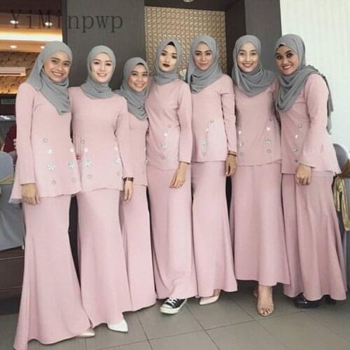 YiMinpwp Muslim Pink Mermaid Bridesmaid Dresses O Neck Long Sleeve Peplum Flowers Chaple Wedding Guest Party Gowns Maid of Honor