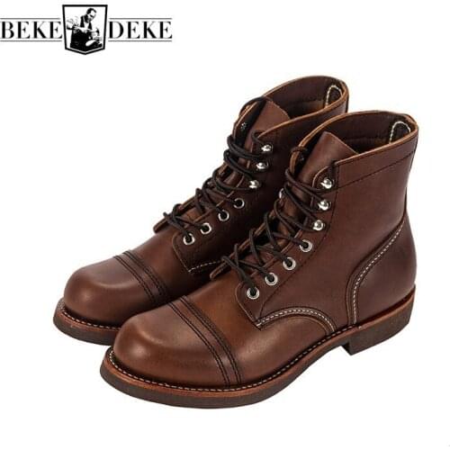 High Quality Vintage Mens Genuine Leather Motorcycle Boots Fashion Lace Up Round Toe Winter Warm Male Ankle Boots Cargo Shoes