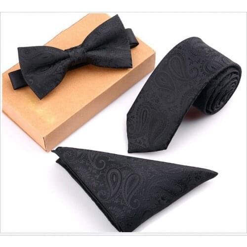 Mens 6cm Slim Tie-Pocket Square Bowtie Set Black Red Floral Striped Jacquard Necktie Set For Man Business Wedding Neck Ties Gift