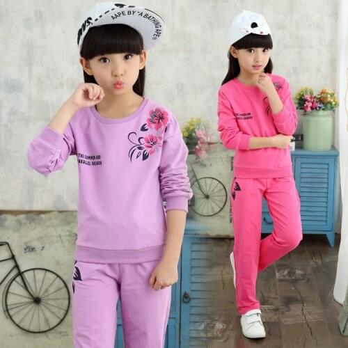 2016 New Girls Spring and Autumn Set Childrens Leisure Sports Wear Long Sleeved Shoulder Flowers Autumn Clothing Set