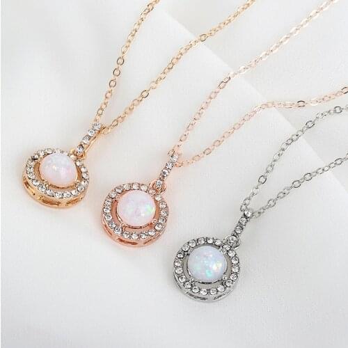 Charming Round Natural Stone Pendant Necklace Exquisite Crystal Zircon Rose Gold Clavicle Chain Fashion Jewelry Party