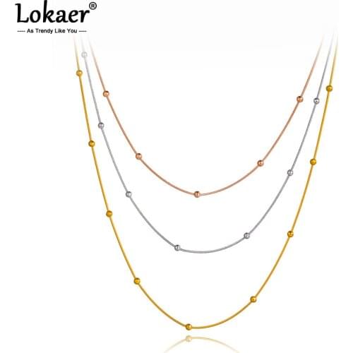 Lokaer Titanium Stainless Steel Three Gold Color Necklaces Fashion Bohemia Three Layers Beaded Chain Necklace For Women N20295
