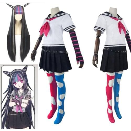 Danganronpa Mioda Ibuki Cosplay Costume Wigs School Uniform Straight Wig Halloween Heat Resistant Synthetic Hair Full set