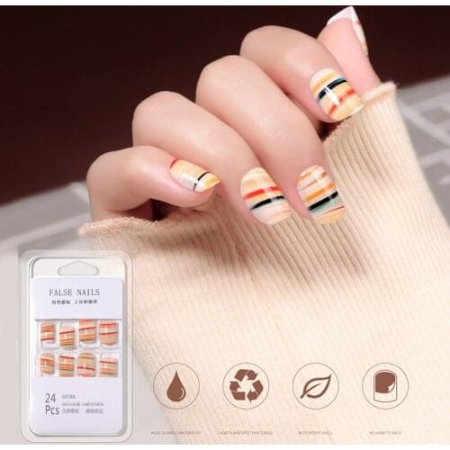 24pcs Colorful Pattern Nail Patch Glue Type Removable Short Paragraph Fashion Manicure Save Time False Nail Patch Fake Nails