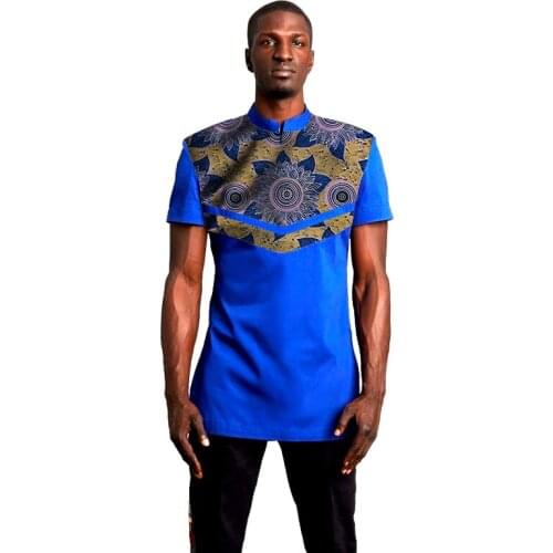 Nigerian Style Blue Cotton Shirts Men Short Sleeve Fashion Stand Collar Dashiki Tops Custom Made African Wedding Garments