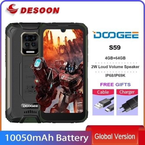 Global version DOOGEE S59 4GB+64GB Rugged Phone 10050mAh Super Battery NFC Smartphone Cellphone IP68 2W Loud Volume Speaker
