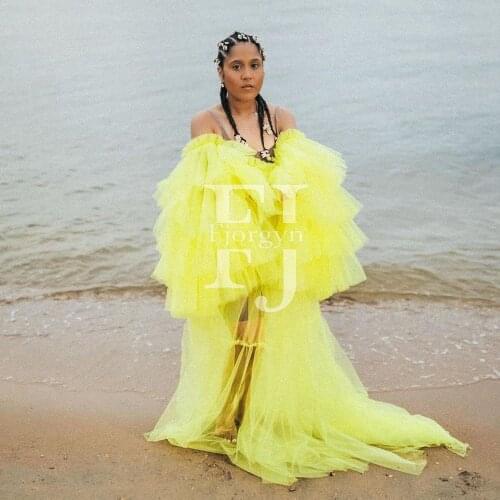 Luxury Bridal Tulle Robes Custom Made Long Sheer Women Ruffles Yellow Tulle Maternity Dress Party Gowns Photo Shoot Dresses