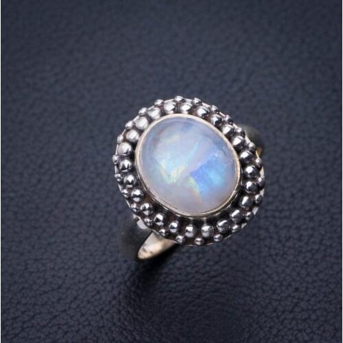 StarGems Natural Rainbow Moonstone Handmade 925 Sterling Silver Ring 9 E3022