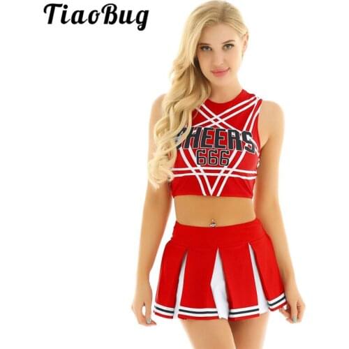 TiaoBug Women Charming Cheerleader Uniform Set Sleeveless Pentagram Back Crop Tops with Mini Pleated Skirt Jazz Dance Costume