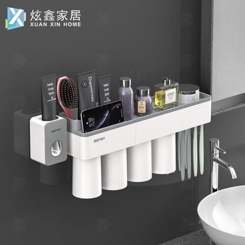 Bathroom Toothbrush Holder Magnetic Suction Cup Wall Mounted Kit Restroom Hanger Set Automatic Toothpaste Dispenser Family
