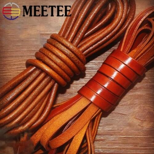 5meters Flat&round Cord Top Layer Cowhide Vintage Brown Leather Rope for Bracelet Necklace Decoration Crafts Accessories Meetee