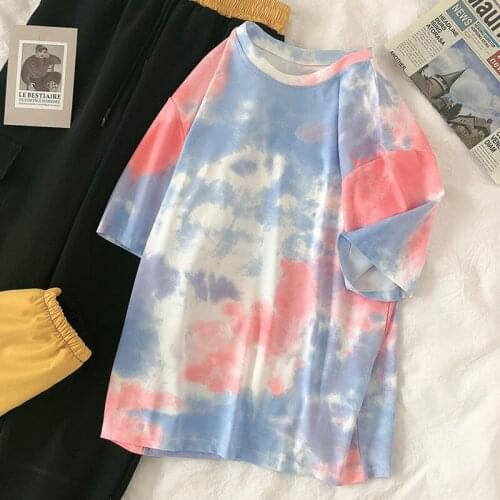 2021 Summer Women Stylish Tie Dye Bright Tops Short Sleeve Round Neck Loose Casual T Shirt