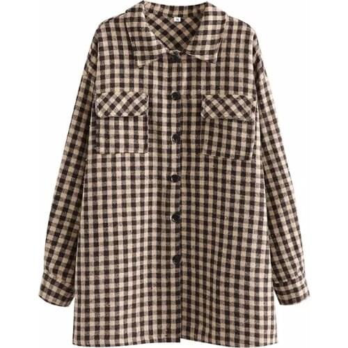 2021 Autumn New Lady Vintage Casual Plaid Jacket Women Fashion Brown Plaid Lapel Single Breasted long Sleeves Ladies Coat