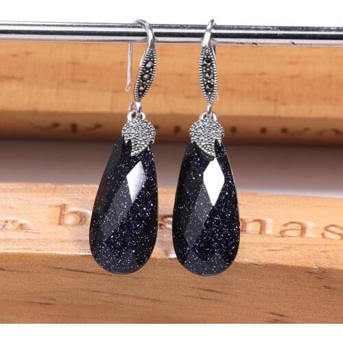 ZHJIASHUN Sapphire 100% 925 Sterling Silver Drop Earrings For Women Natural Blue Gemstone Long Earrings Retro Fine Jewelry