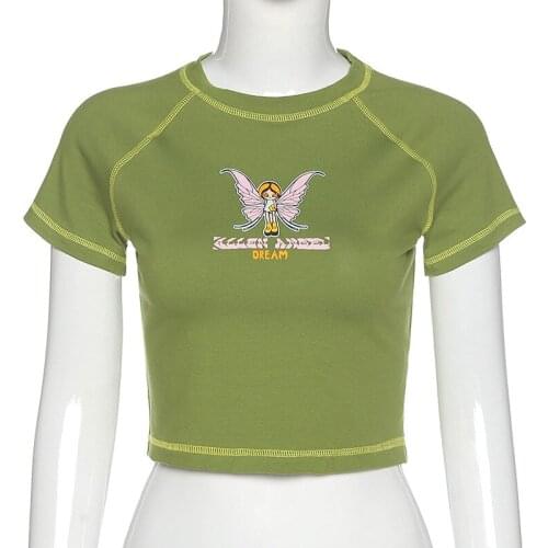 Cotton T-Shirts Women Summer Cartoon Print Pattern Short Sleeve Casual Streetwear Expose Navel Cropped Fashion Top Tee MD0087