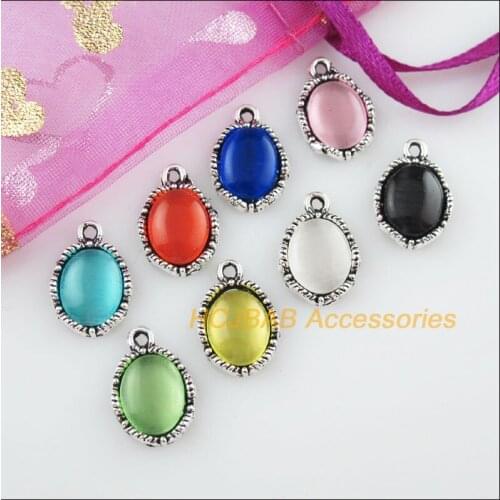 16 New Oval Flower CatEye Stone Mixed Charms Tibetan Silver Pendant 10.5x15.5mm