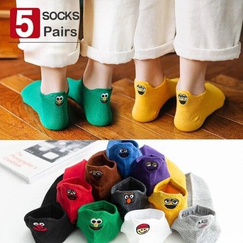 5 Pairs Korean Fashion Socks Women Pack Kawaii Cartoon Short Socks Casual Flower Embroidery Cotton Funny Ankle Socks Female