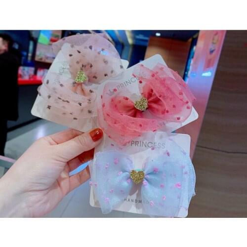 Boutique ins 20pcs Fashion Cute Glitter Heart Bow Hairpins Solid Dot Gauze Bowknot Hair Clips Princess Headwear Hair Accessories