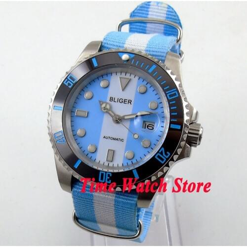 Bliger 40mm sky white dial date luminous ceramic bezel blue nylon strap Miyota mechanical Automatic mens watch 155