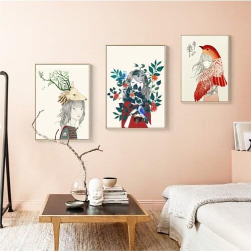 Nordic Style Deer Birds Flowers Girls Canvas Painting Poster And Prints Wall Art Pictures For Living Room Home Decor Cartoon