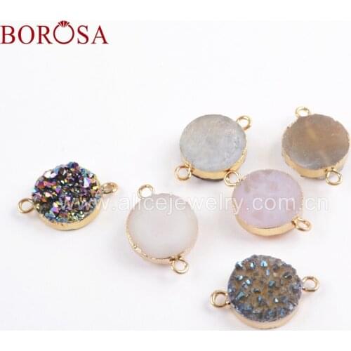 BOROSA 5PCS Round Titanium Rainbow Agates Druzy Connector Multicolor 15x15mm Natural Drusy Geode Beads for Bracelet G1695