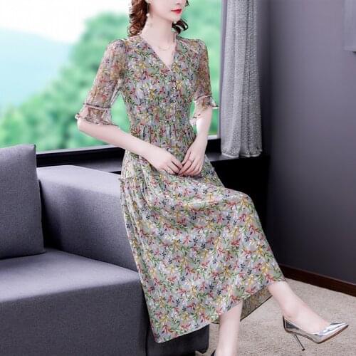 Summer Casual Print Chiffon Beach Midi Dresses 2021 Vintage Loose Boho 4XL Plus Size Dress Women Elegant Bodycon Party Vestidos