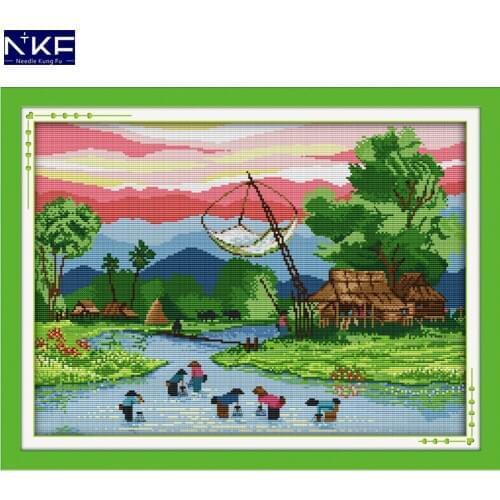 NKF Fishing Scenery Stamped Cross Stitch Pattern DIY Kit Needlework Embroidery Set Chinese Cross Stitch for Home Decor