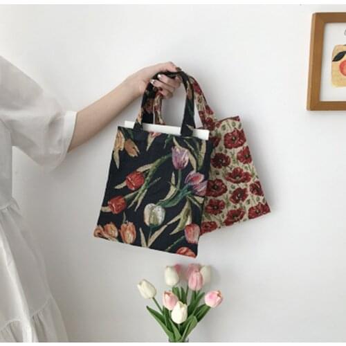 2020 New Vintage Canvas Hand Bag Women Shoulder Bags Japanese And Korean Ins Students Flowers Mini Casual Open Pocket Tote Bags