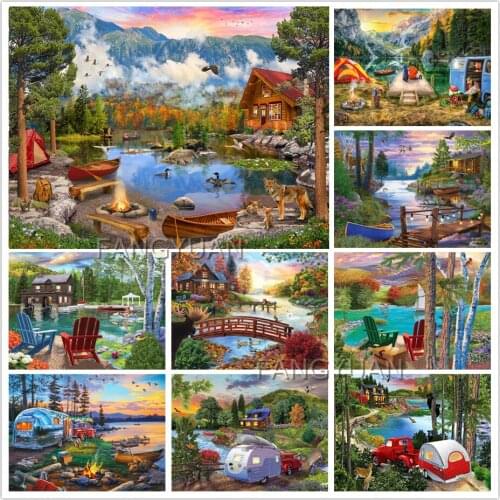 Lake Landscape Diamond Painting Diamond Embroidery House Mosaic Natural Scenery Cross Stitch Rhinestone Picture Wall Decoration