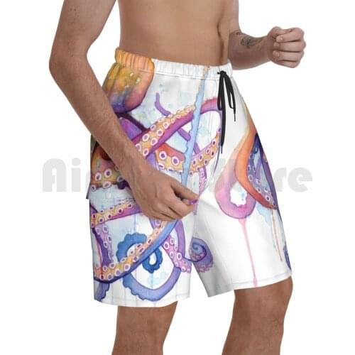 Octopus Ii Beach Shorts Men Beach Pants Swim Trunks Octopus Polpo Colorful Watercolor Rainbow Pink Purple Sea Life