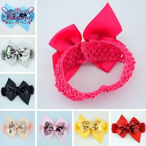 Nishine Glitter Sequins Bowknot Baby Girl Headband Solid Color Knitted Elastic Hairband Double Layer Bows Headwear Birthday Gift